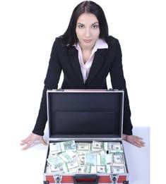 woman with briefcase full of money