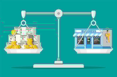 Illustration of company valuation, showing a scale with money on one side and the business on the other  
